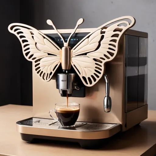 Prompt: A coffee machin with a shape of a butterfly

