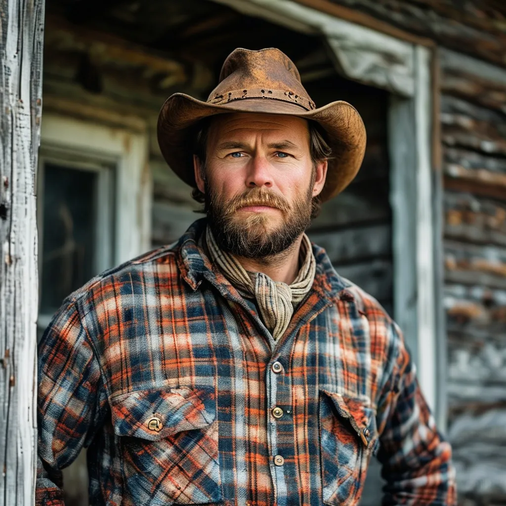 Prompt: A 34-year-old man with a plaid shirt in an old wooden house