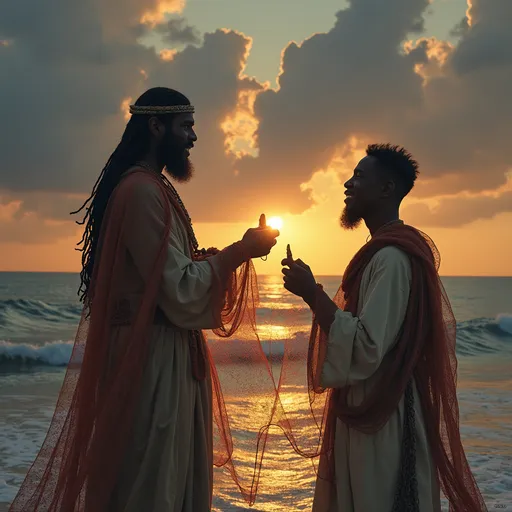 Prompt: Darker skin Yeshua and Peter casting nets 