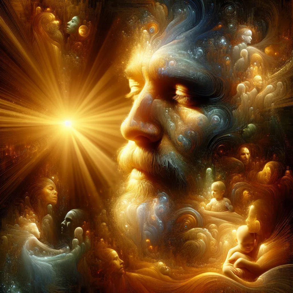 Prompt: Father, showcasing a striking dichotomy of warmth and authority, capturing a complex emotional essence. The setting contrasts soft, golden sunlight with deep shadows, creating a dramatic atmosphere. Incorporated elements of familial bonding complemented by apprehension, interweaving layers of emotion. Ultra-detailed, high-definition composition to enhance visual impact and evoke a range of feelings, illustrating the profound nature of fatherhood.
