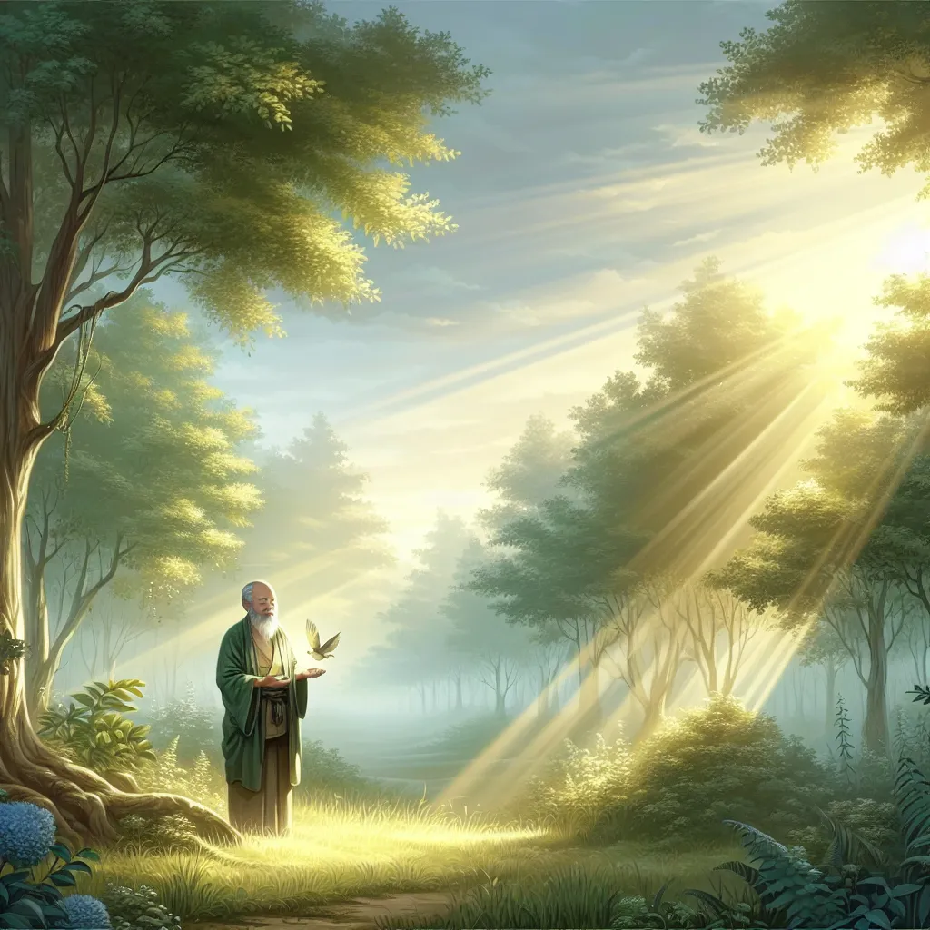 Prompt: Father, thank you for inspiration, warm lighting, heartfelt emotion, a serene and gentle atmosphere, soft hues of dawn shining through, subtle golden rays illuminating a peaceful scene, an inspiring background filled with nature, lush green trees and a tranquil sky, high quality, ultra-detailed.