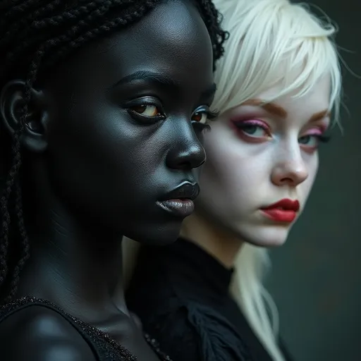 Prompt: A Black albino woman face and a liliaac 