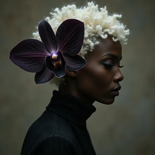 Prompt: A Black albino woman and a black orchid 