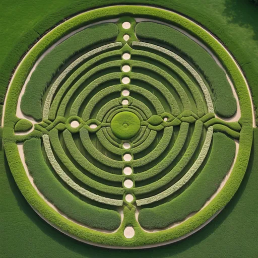 Prompt: English gardens shaped like crop circles close up and zen garden 