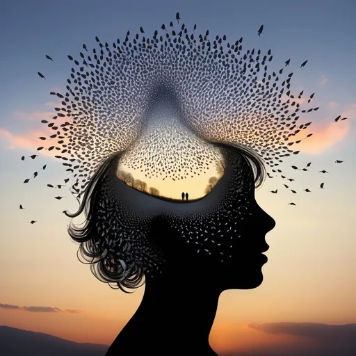 Prompt: God is good and murmuration inside a human mind representing thoughts 