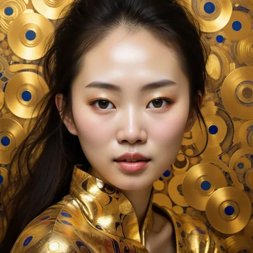 Prompt: Asian woman face and the vibration of gold and Klimt