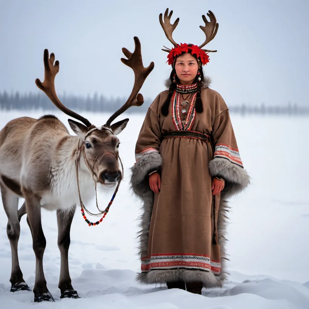 Prompt: SIBERIAN Nenet woman and reindeer 