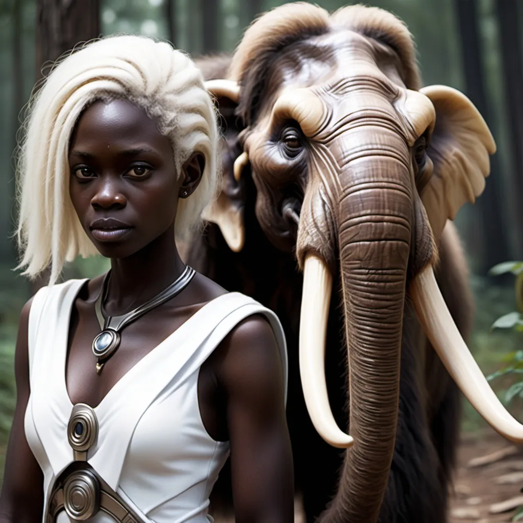 Prompt: A dark skin albino woman from the future and a mammoth resurrected 