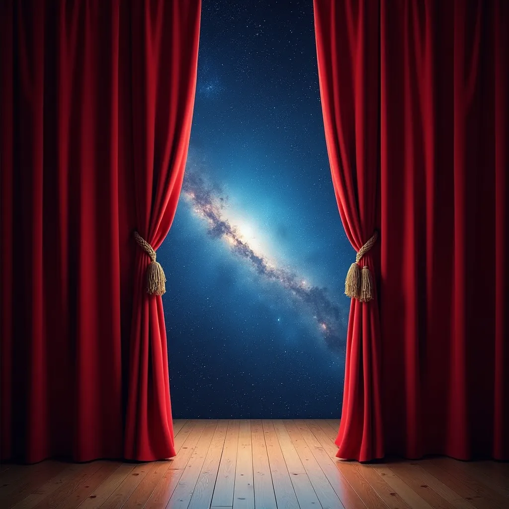 Prompt: The Universe behind open theater curtain