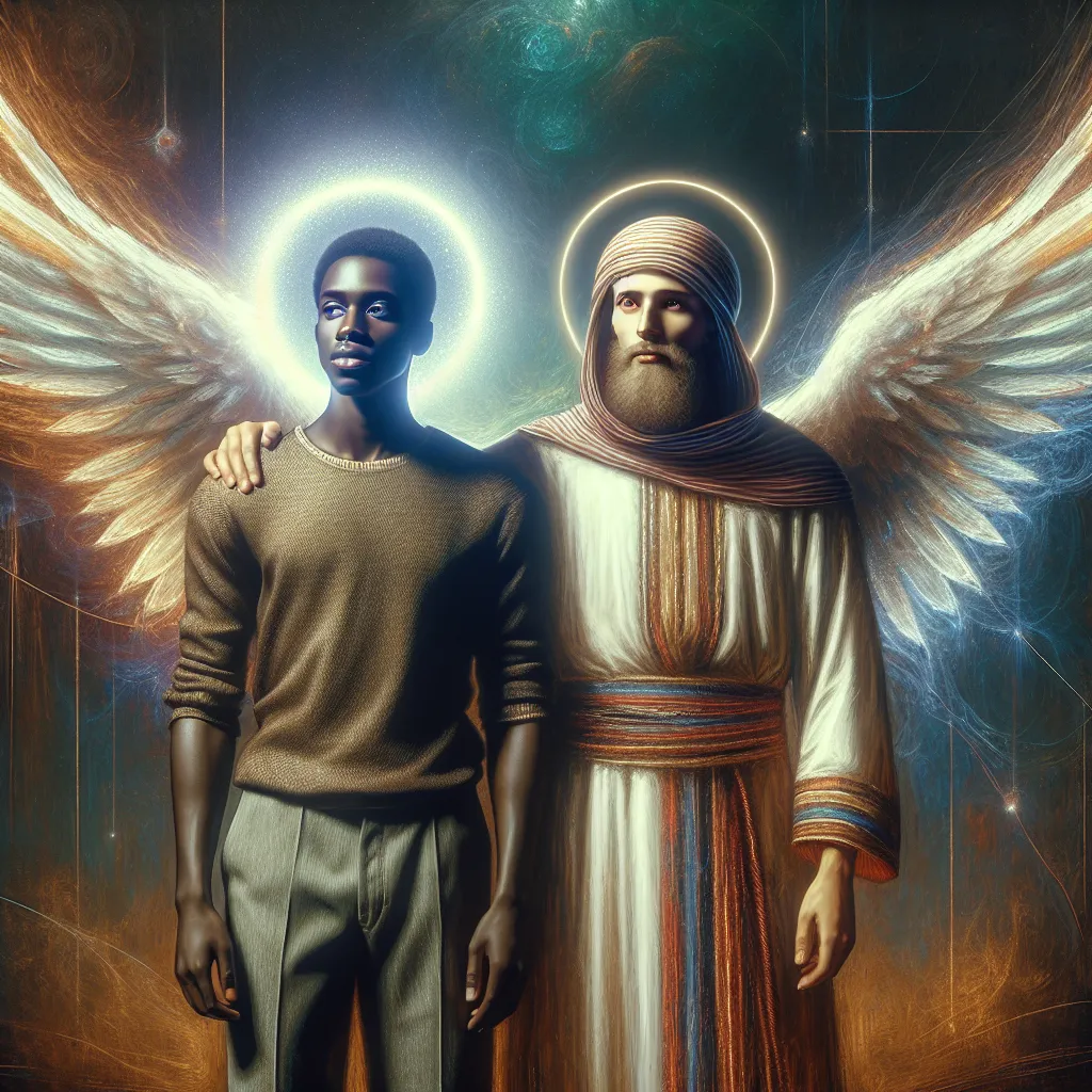 Prompt: a man standing next to a man with wings on his head and a halo around him, in front of a glowing light, Andrey Yefimovich Martynov, metaphysical painting, radiant light, a hologram