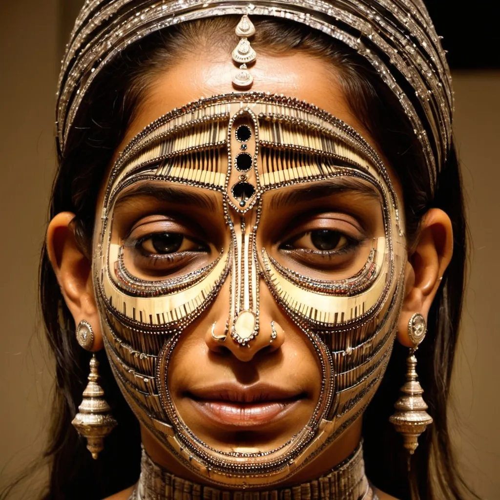 Prompt: A woman from India face made entirely of music