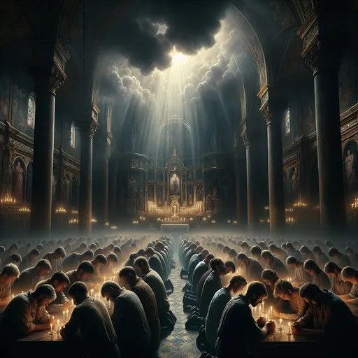 Prompt: In a dimly lit sanctuary, illuminated only by flickering candlelight, a group of weary individuals kneels in heartfelt prayer. Their faces are etched with concern, eyes closed tightly, as they seek solace and strength. Above them, an ethereal light pierces the heavy clouds, casting a soft glow that hints at divine presence.  the sanctuary are adorned with intricate details their vibrant colors muted by the somber atmosphere. Outside, rain gently taps against the windows, mirroring their desperate pleas. The air is thick with emotion, creating a sacred ambiance that speaks of hope and vulnerability. The scene evokes a sense of deep connection, emphasizing their plea, "Father please hold on to us, we are in great need of You." This evocative moment is portrayed in a cinematic lighting style, enhancing the spiritual gravity of the scene.