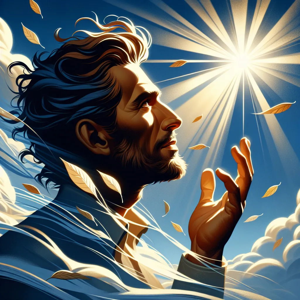 Prompt: Im thankful, a strong, caring figure, with warm, radiant light illuminating his face, expression of hope and encouragement, gently reaching out towards the sky, surrounded by swirling leaves representing the wind, conveying a sense of freedom and movement, serene background with a blue sky and soft, fluffy clouds, ultra-detailed, high definition, cinematic ambiance, capturing the bond of love and support.