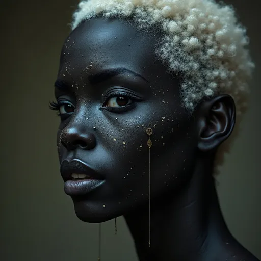 Prompt: A Black albino woman face and a liliaac 