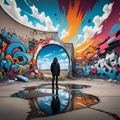 Prompt: A surreal landscape where the sky is a swirling vortex of conflicting colors, and the ground is a fractured mirror reflecting distorted images of the past, present, and future. A lone figure stands amidst the chaos, their expression a blend of confusion and wonder. Style: Graffiti 
