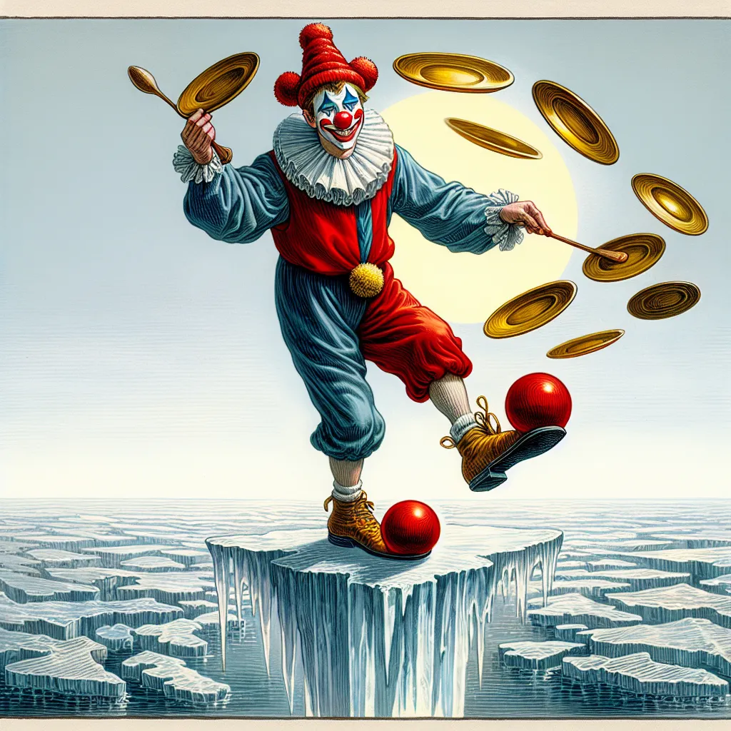Prompt: Father,
Why is the man clowning 
When his life is hanging on a thin ice
Tarot style 