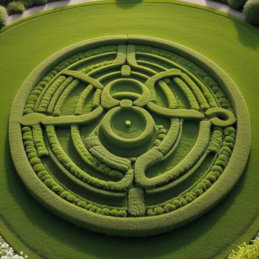 Prompt: English gardens shaped like crop circles close up and zen garden 