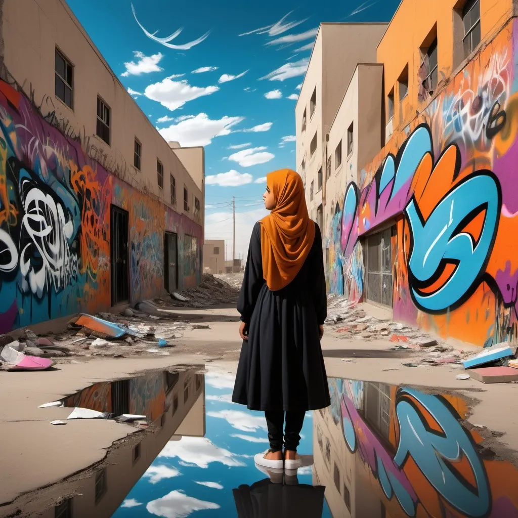 Prompt: A surreal landscape where the sky is a swirling vortex of conflicting colors, and the ground is a fractured mirror reflecting distorted images of the past, present, and future. A Muslim girl stands amidst the chaos, their expression a blend of confusion and wonder. Style: Graffiti