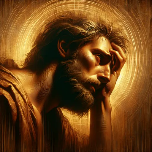 Prompt: Realism style illustration of a distressed figure expressing helplessness, surrounded by warm tones, soft golden highlights illuminating surroundings, heartfelt and emotional atmosphere, evoking themes of desperation and spirituality, intricate details on expressions and attire, whispering connection to a higher power, high quality, ultra-detailed composition illustrating a powerful narrative, invoking sympathy and reflection, inviting viewers to contemplate the emotional weight of the moment.