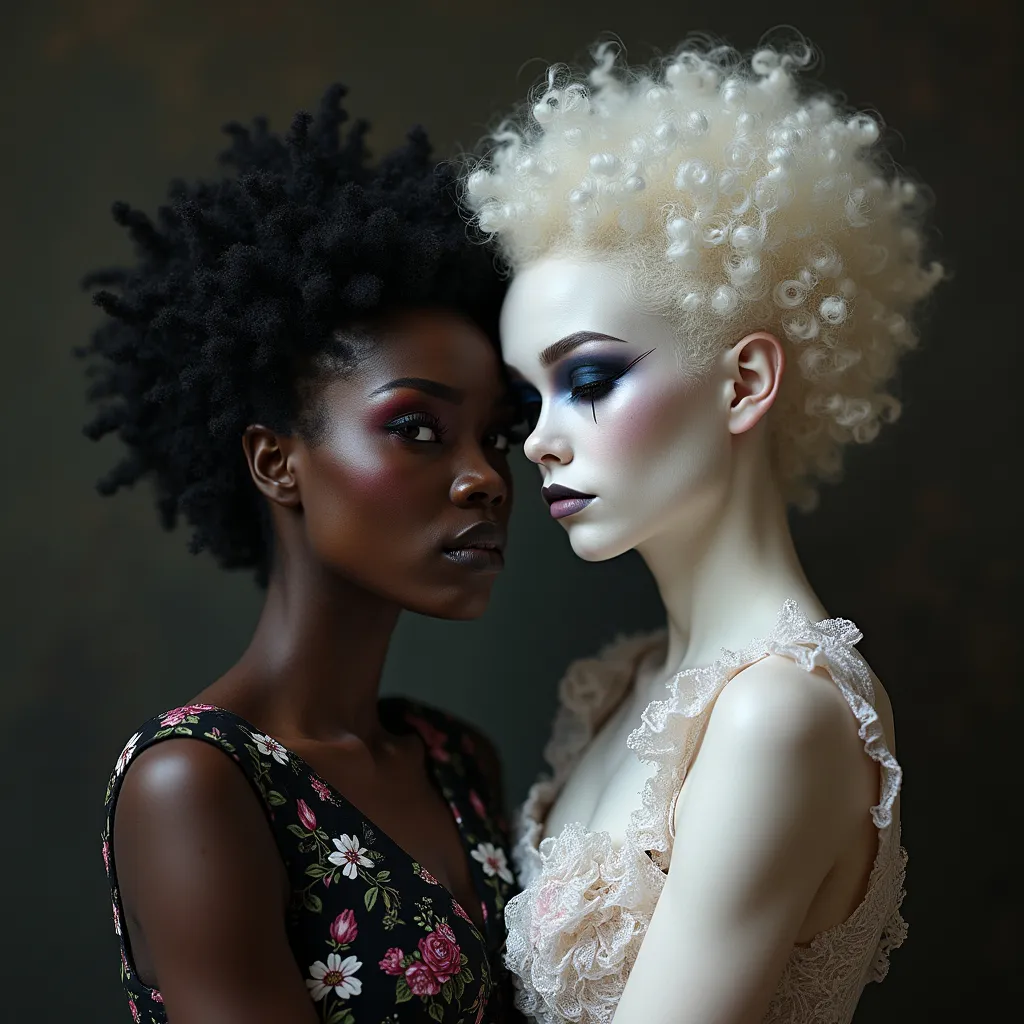 Prompt: A Black albino woman and a liliaac 