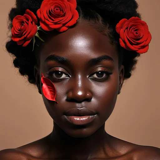 Prompt: A dark skin woman's face made entirely of 🌹 