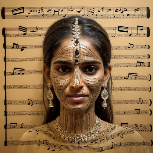 Prompt: A woman from India face made entirely of music