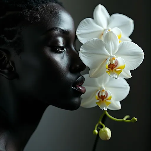 Prompt: A Black albino woman face and a white orchid 