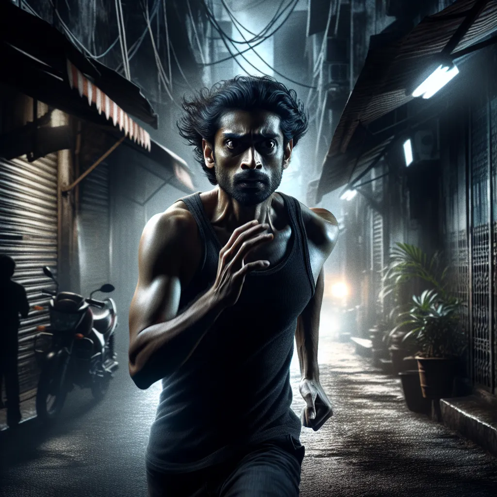 Prompt: A man sprinting away in a shadowy, foreboding alley, her expression determined, the atmosphere charged with tension and urgency. The dim lighting casts dramatic shadows, enhancing the sense of danger. Her hair flows behind her like a wavering banner. The background filled with indistinct shapes adding to the suspense. Ultra-detailed, this scene captures the suspenseful theme, “Please run and Don't turn around; She's coming for you and she's got crazy eyes"
