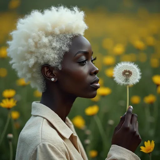 Prompt: A Black albino woman and a dandelion 