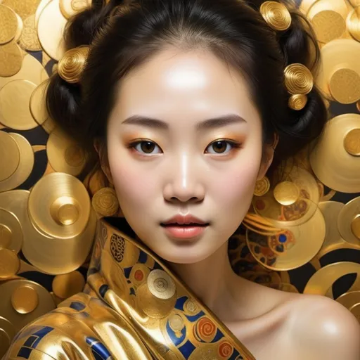 Prompt: Asian woman face and the vibration of gold and Klimt