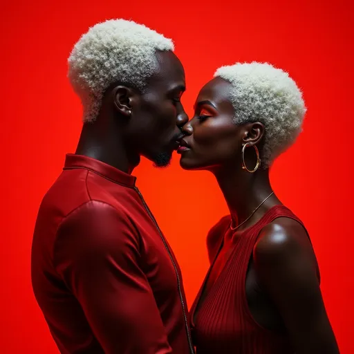 Prompt: a Black albino man and woman are kissing each other in a red background with a red backdrop behind them and a red backdrop, Chinwe Chukwuogo-Roy, afrofuturism, white hair, a stock photo