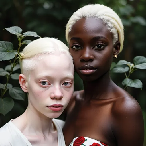 Prompt: A dark skin albino woman and 🌹