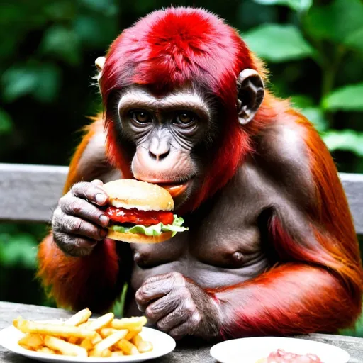 Prompt: Red monke eating a burger