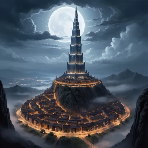 Prompt: Make an image inspired by the Stormlight Archive, Having to do with the place in the books called Urithiru a vertical city built within a tower in the mountains in Brandon Sanderson's Stormlight Archive book series. The tower is so tall that it extends above the Night clouds and would be taller than the Burj Khalifa. The city is made up of several cities stacked on top of each other, which requires more than double the resources of a normal city. The city is difficult to navigate, . With an ambiance of Magic, Lore, Night time, and Ancient, with places for people to live and Night time street markets glowing by lamp light. Make it set at night with a city and market places at night