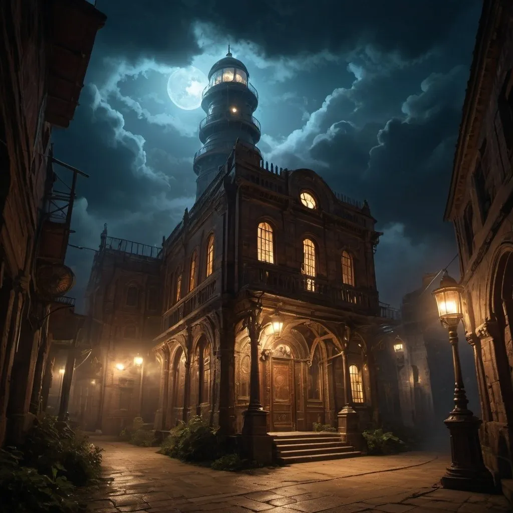 Prompt: Magical, Ancient, Shrouded, Lore, Folklore, Steampunk, Mythology, Story, Stories, History, Night, Night time, Place, Stormlight Archive, Urithiru,