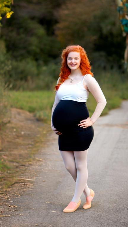 Prompt: A 20 year old pregnant Caucasian woman, red hair, black dress, pastel pink tights, no shoes