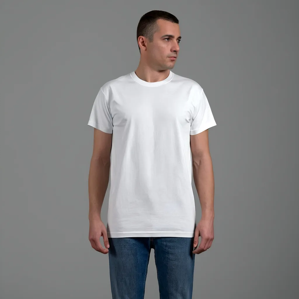 Prompt: frontside blank white t-shirt view, relaxed posture, even 