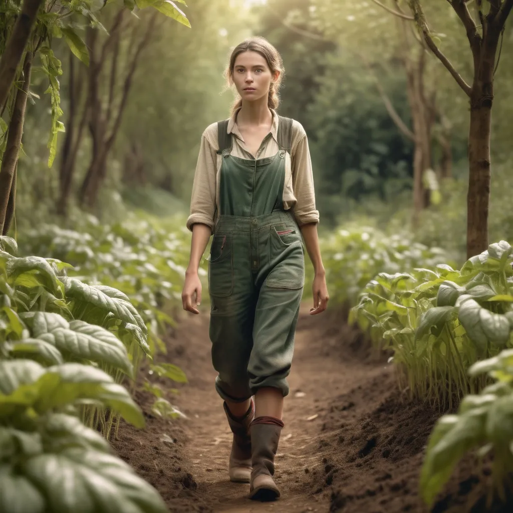 Prompt: Tall young woman with farming cloths walking through a food forest, detailed clothing, realistic, natural lighting
