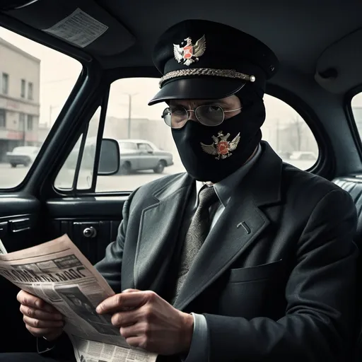 Prompt: Someone for KGB in mask that cover up all face  with car at backround and reading newspaper and hat with a orel symbol 
