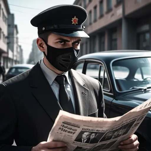 Prompt: Someone for KGB in mask that cover up all face expect from eyes with car at backround and reading newspaper 