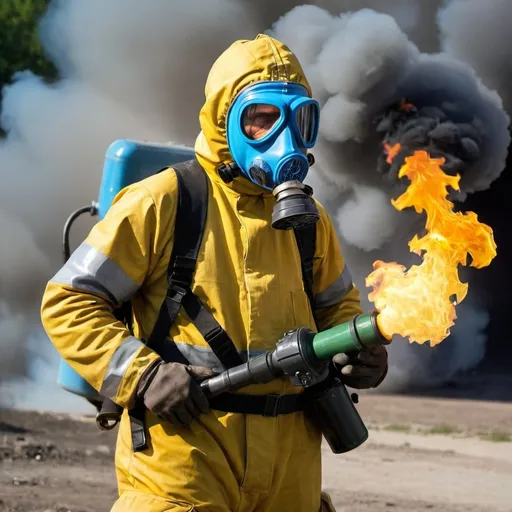 Prompt: Man in chemical protection and gas mask with flamethrower