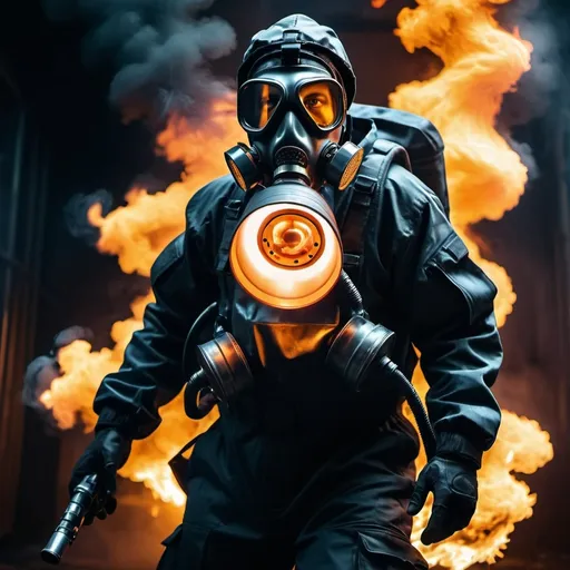 Prompt: Man in chemical protection and gas mask with flamethrower