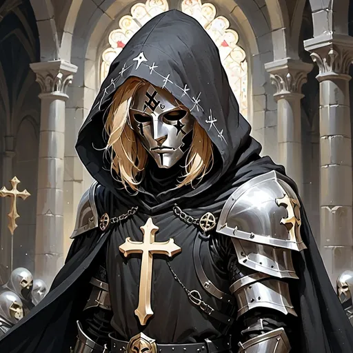 Prompt: A paladin with a black cloak over silver armor with cross symbols and a dark hood that reveals blonde hair and a tired look behind a mask.