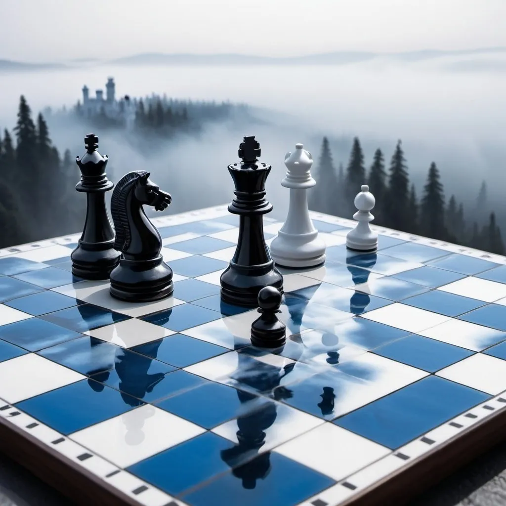 Prompt: white and blue chess board with fantasy black and white chess pieces with an elevated view of the whole and fog in the background