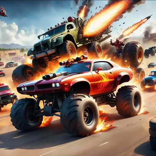 Prompt: A dynamic and thrilling scene showcasing the chaotic and high-octane action of Hot Rod Havoc, a team-based vehicular combat game. In the foreground, a sleek, fast Striker car with flaming exhausts engages in close-range combat. Next to it, a massive, heavily armored Heavy monster truck unleashes its firepower. An agile ATV buggy from the Assault class fires rockets while performing an evasive maneuver. In the background, a Support recovery truck is healing a teammate and towing an enemy vehicle. The environment is a rugged, post-apocalyptic arena with glowing power-ups placed on ramps and loops. The scene is filled with explosions, sparks, and speed lines to convey intense motion and excitement. The title 'Hot Rod Havoc' is prominently displayed in a bold, fiery font at the top.