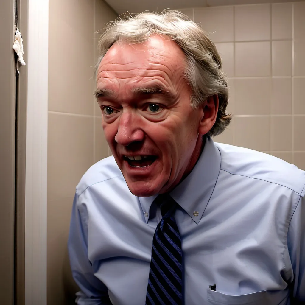 Prompt: Ed markey constipated on toilet with poop scattered across the room