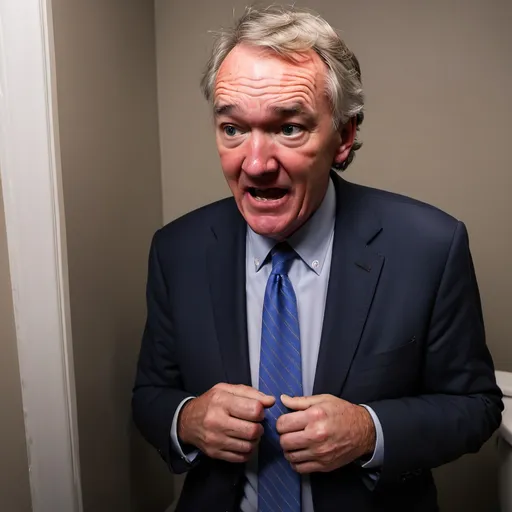 Prompt: Ed markey constipated on toilet with poop scattered across the room