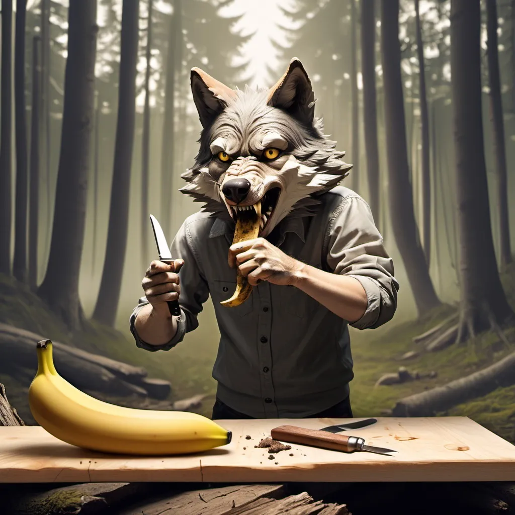 Prompt: a wolf is playing a piece of wood in the woods with a human hand and a knife in its mouth, Caspar Wolf, furry art, furry, a stock photo poop explosion banana