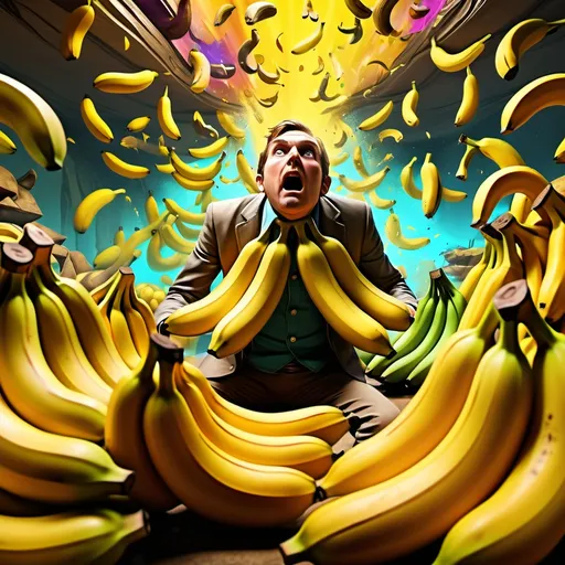 Prompt: (game-Zelda style), whimsical, surrealism, (humorous scene), a man submerged and overwhelmed by a colourful explosion of anthropomorphic bananas, vibrant shades of yellow and brown, a fantastical backdrop filled with exaggerated, cartoonish elements, dramatic lighting creating an exaggerated atmosphere, high-quality 4K resolution, chaotic and playful dynamics exaggerated in scale and form.