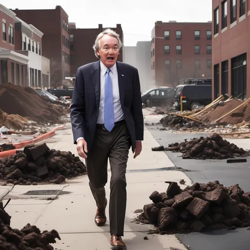 Prompt: Ed markey walking through the aftermath of a poop nuke